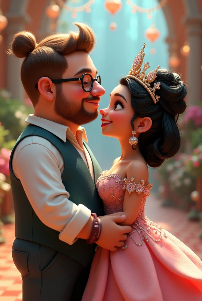 pixar 3d effect, couple in love, he young, plumpness, Eye Brown, Light brown bun hair, tazmania's clothes, light hair, goatee, wearing glasses, she has black curly hair, black curly hair, volumous hair, eyes browns, ice queen dress, Diamond Crown