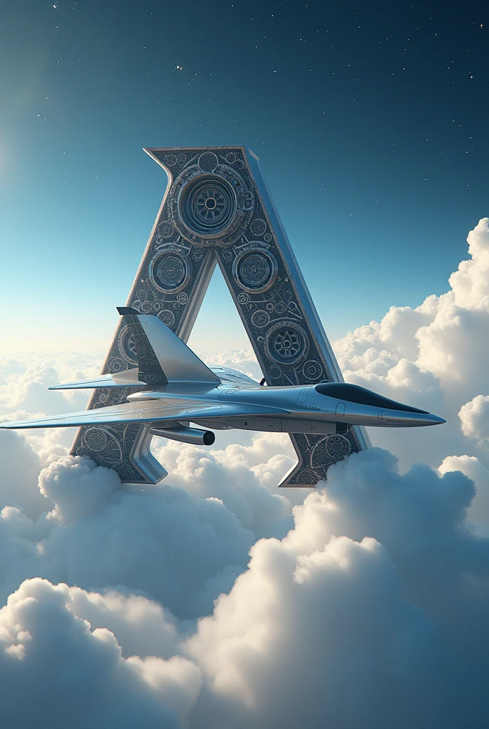 Image of a letter A transforming into an airplane, flying between fluffy clouds and bright stars.