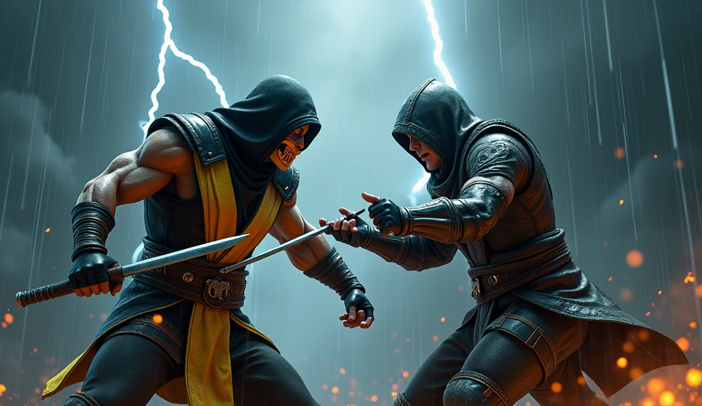 Mortal Kombat character Scorpion and Assassin's Creed are fighting very hard in a rainy weather where the clouds are pitch black