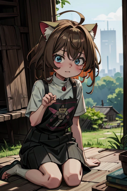 ((Masterpiece)), (Anime:1.5), ((best quality)), (RAW photo:1.2), (High Definition:1.3), (Professional Photography:1.2), (glowing light), 1girl, (()), from below, wide shot, cinematic lighting, Textured skin, (unruly hair), medium hair, Cat ears, Pale brown hair, slightly Exposed small breast, (ragged white camisole), Slim body, small breasts, sitting on the ground, Sweaty skin, (Panicked Pose:1.4), blush, Panicked face, Cat ears, Cute Beautiful Girl, BREAK, ((best quality)), sitting on the ground, Ruins covered with vegetation, see the slums in the distance