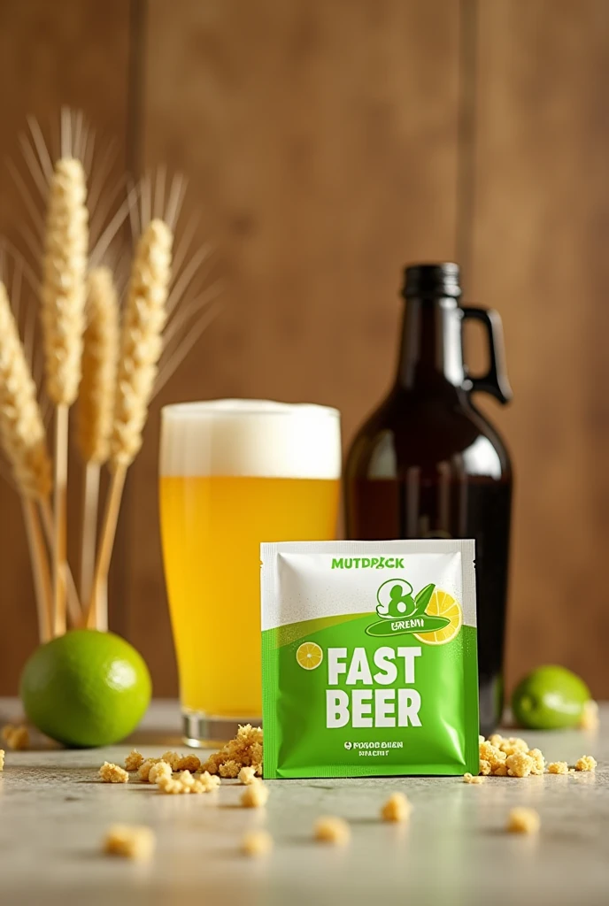 Beer in powder format in small fresh lemon green sachets with the slogan fast beer and price of 3.99 and a jug of beer, with a bar and wheat background