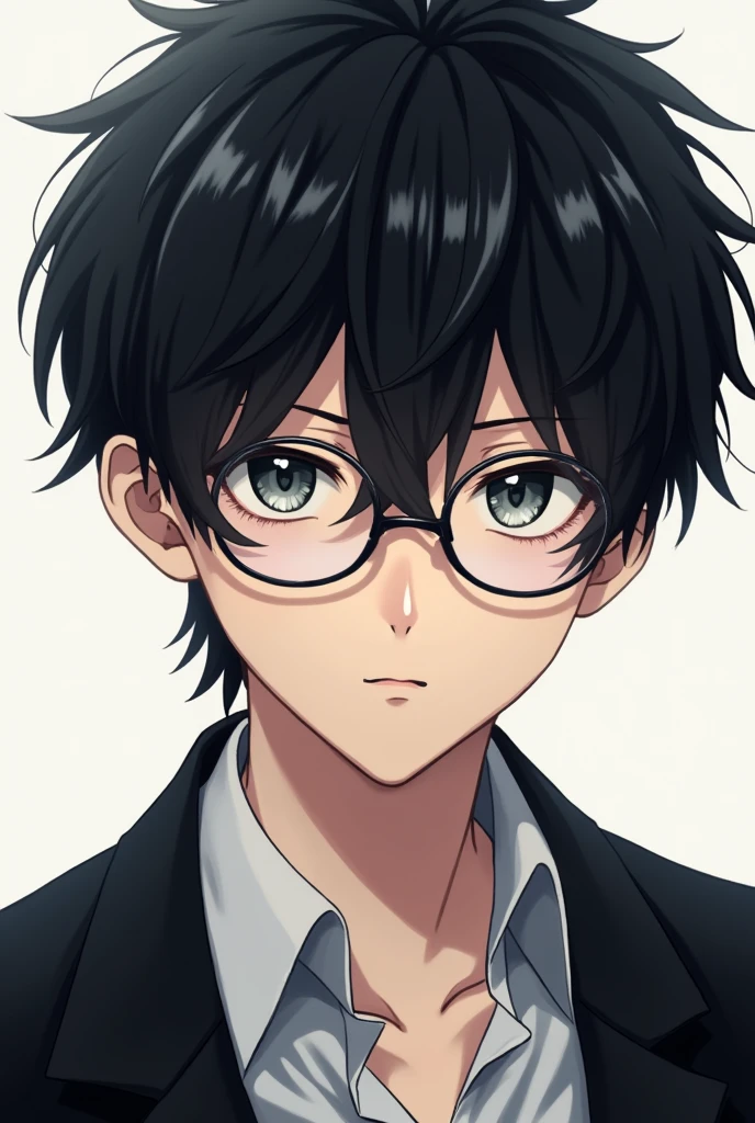young man, student , with short messy black hair, pale skin, high, gray eyes, with glasses, semi realism, masculine, anime