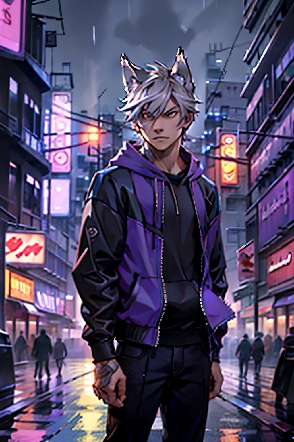 Teenage male, (anthropomorphic wolf, athletic,) grey hair, purple hoodie, looking off camera, low lighting, neon signs, rainy city street, nighttime 
