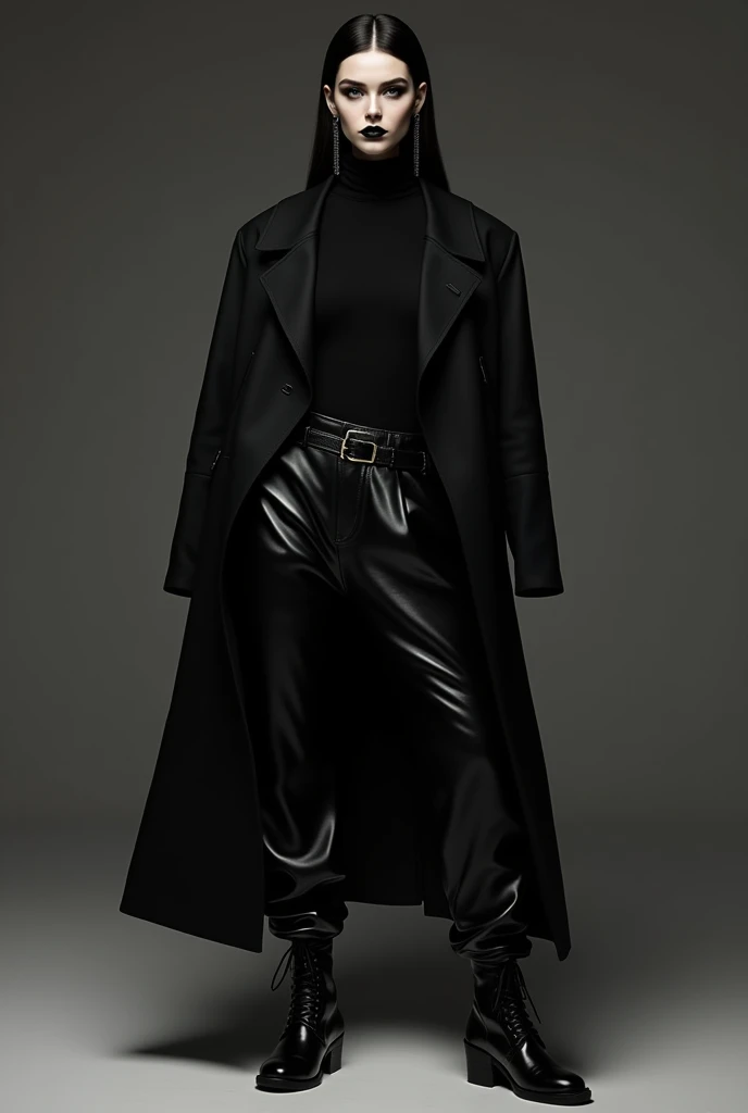 Give me a picture of a girl wearing black turtle neck shirt with black baggy leather pants with a long black coat on top paired with black boots