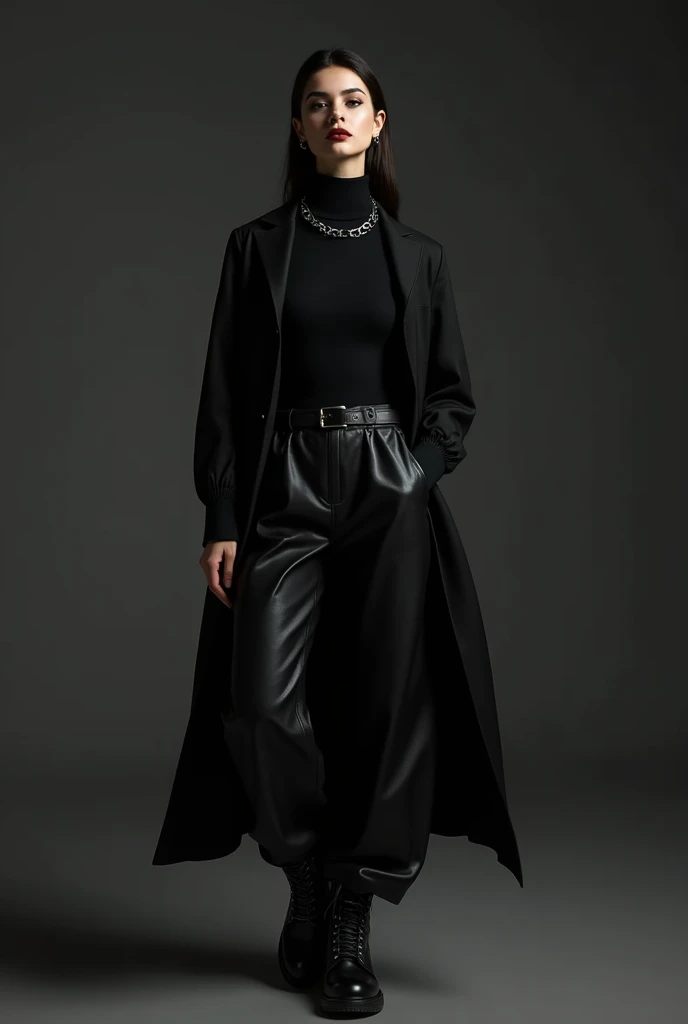 Give me a picture of a girl wearing black turtle neck shirt with black baggy leather pants with a long black coat on top paired with black boots