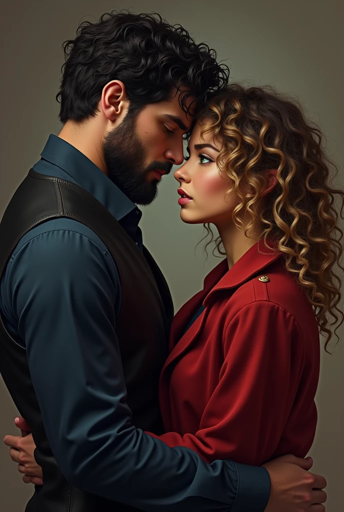 A dark-haired man with short curly hair cut in a gradient style, with characteristic features of ancient men having a well-defined jaw, clean shaven black eyes in a black vest and navy blue dress shirt seducing a young woman with curly hair and blond at the ends caramel colored with green eyes and a red coat. The boy has a very thick beard, the man is about 2 and the girl is too