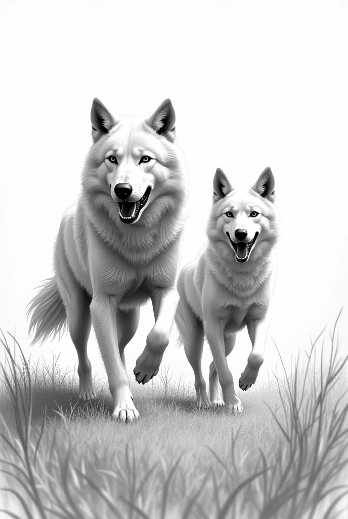 A WHITE WOLF AND A FEMALE DOG RUNNING IN THE MEADOW IN BLACK AND WHITE PENCIL