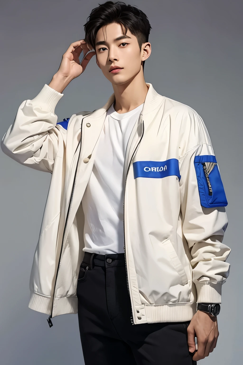 masterpiece, Best quality, realistic, a handsome Thai-Korean guy, aged 20-25, wearing a trendy fashion cream color jacket over a plain white T-shirt. The jacket should be stylish and modern, complementing the casual yet fashionable look of the outfit, wearing a prominently visible wristwatch. The wristwatch adds a touch of sophistication to his overall look,