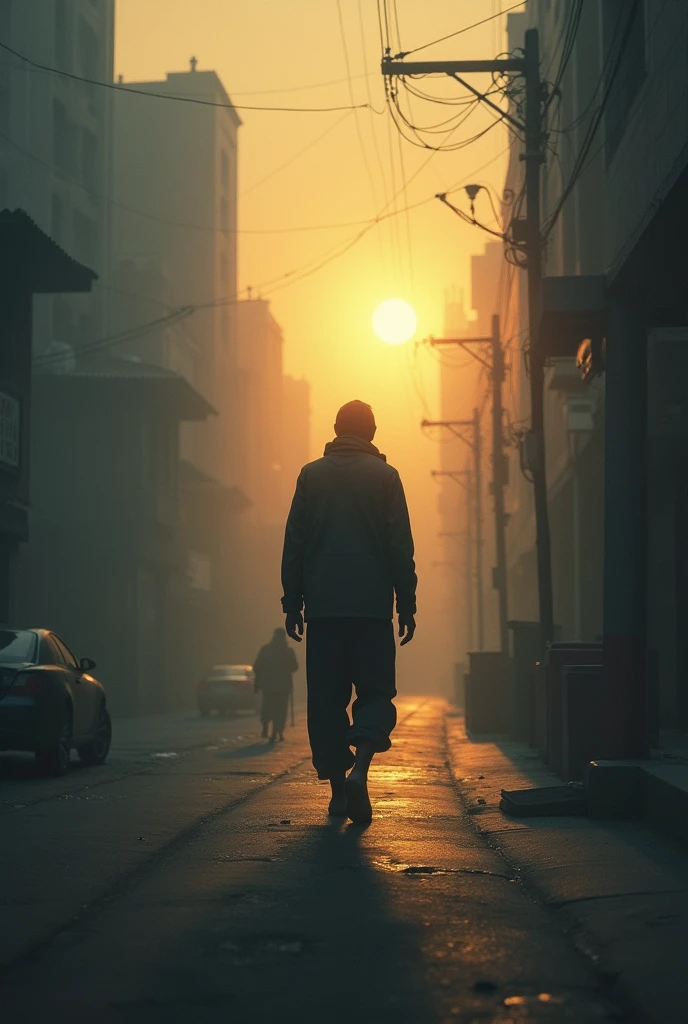 Create an image of a lonely beggar seen from behind, walking towards a dark and blurry city during sunrise or sunset, symbolizing a new beginning. The scene should convey an atmosphere of hope, with sunlight filtering weakly through the buildings, suggesting flashes of optimism in the midst of adversity. The man's figure should be slightly out of focus, maintaining their anonymity and depicting themes of loss and personal search. Use a melancholic color palette, but includes touches of warm light to highlight hope.Drag to resize
Close