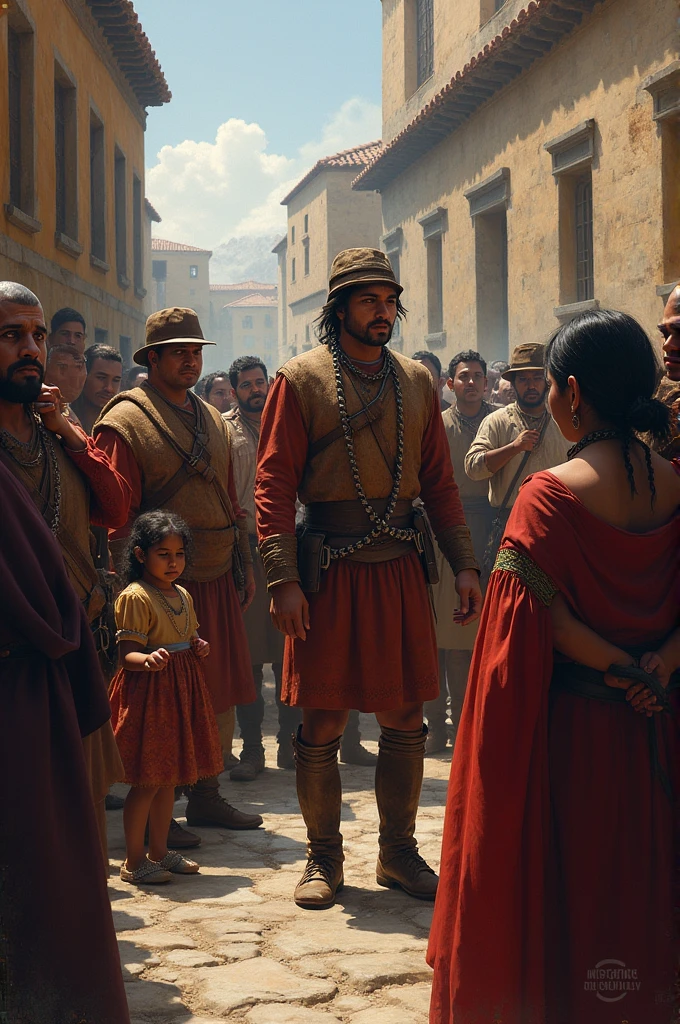 Scene in the central square, with Tupac Amaru II chained and surrounded by soldiers and citizens. His wife and children watch, anguished