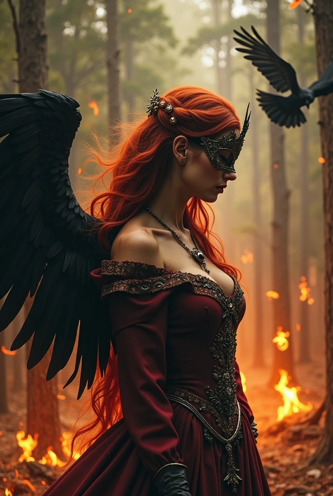 A red-haired princess stands sideways with a mask on her face, staring at her torn wings with sadness and pain as large crows fly around in a forest on fire. 