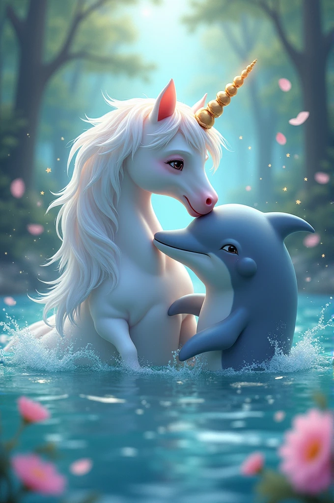 Unicorn and dolphin loving each other 