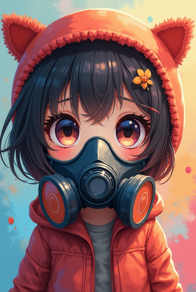 ((Highest quality)), ((masterpiece)), (detailed),Cute like an anime、Wearing a gas mask、Looks like a creator、Background is paint