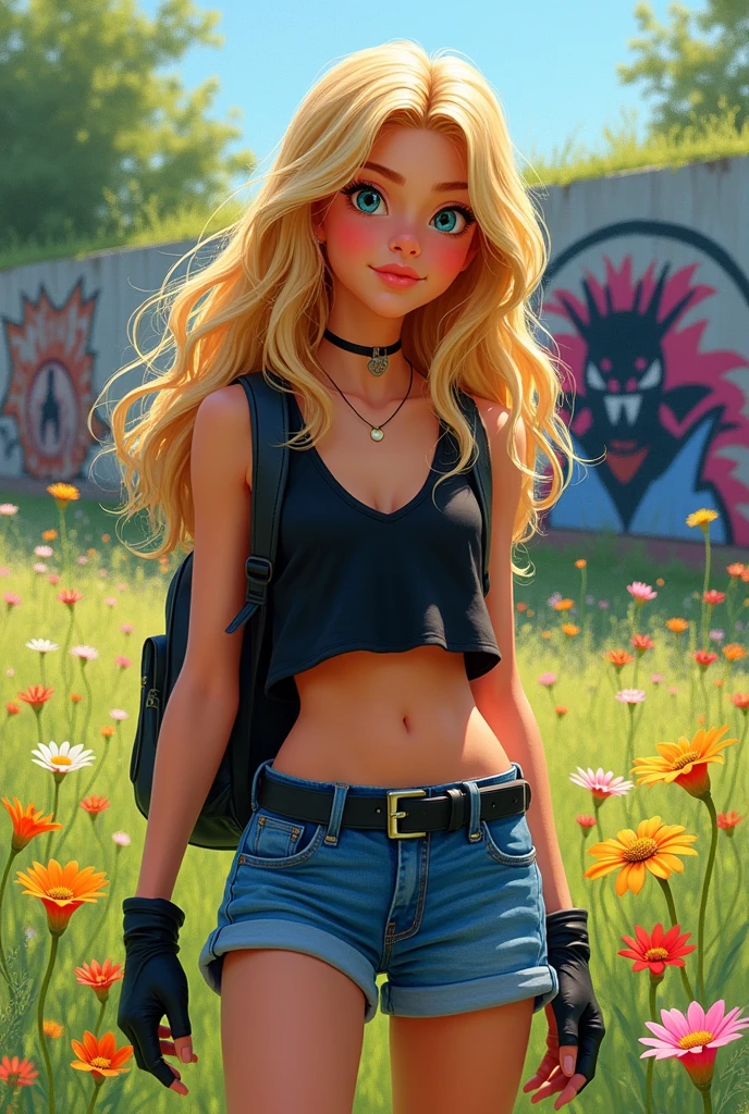 a young woman, full body, a cartoon character wearing a black sleeveless v-neck crop top and blue denim shorts, black belt, long wavy blonde hair, gloves, and 16k, hyper realistic digital in acrylic paint, watercolor, Oil with bright colors, with a meadow background with spring flowers and graffiti on the wall, a painting of a fierce dragon in graffiti, more realistic, with a backpack on his back,