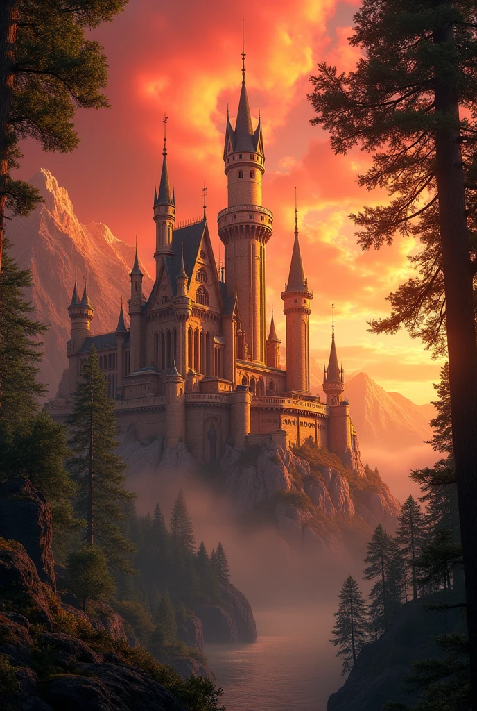Golden tall castle with red sky, around a forest 