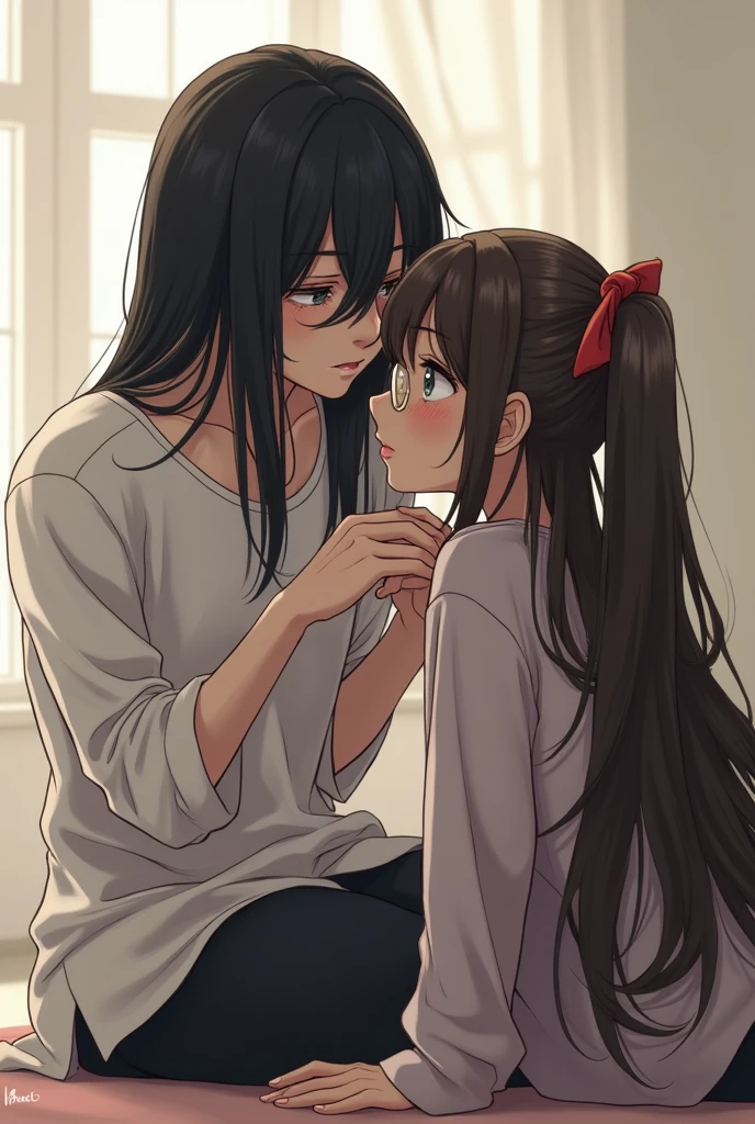 A dark boy with long black hair, white and thin. Fucking a white girl with brown hair and glasses on all fours. anime styling