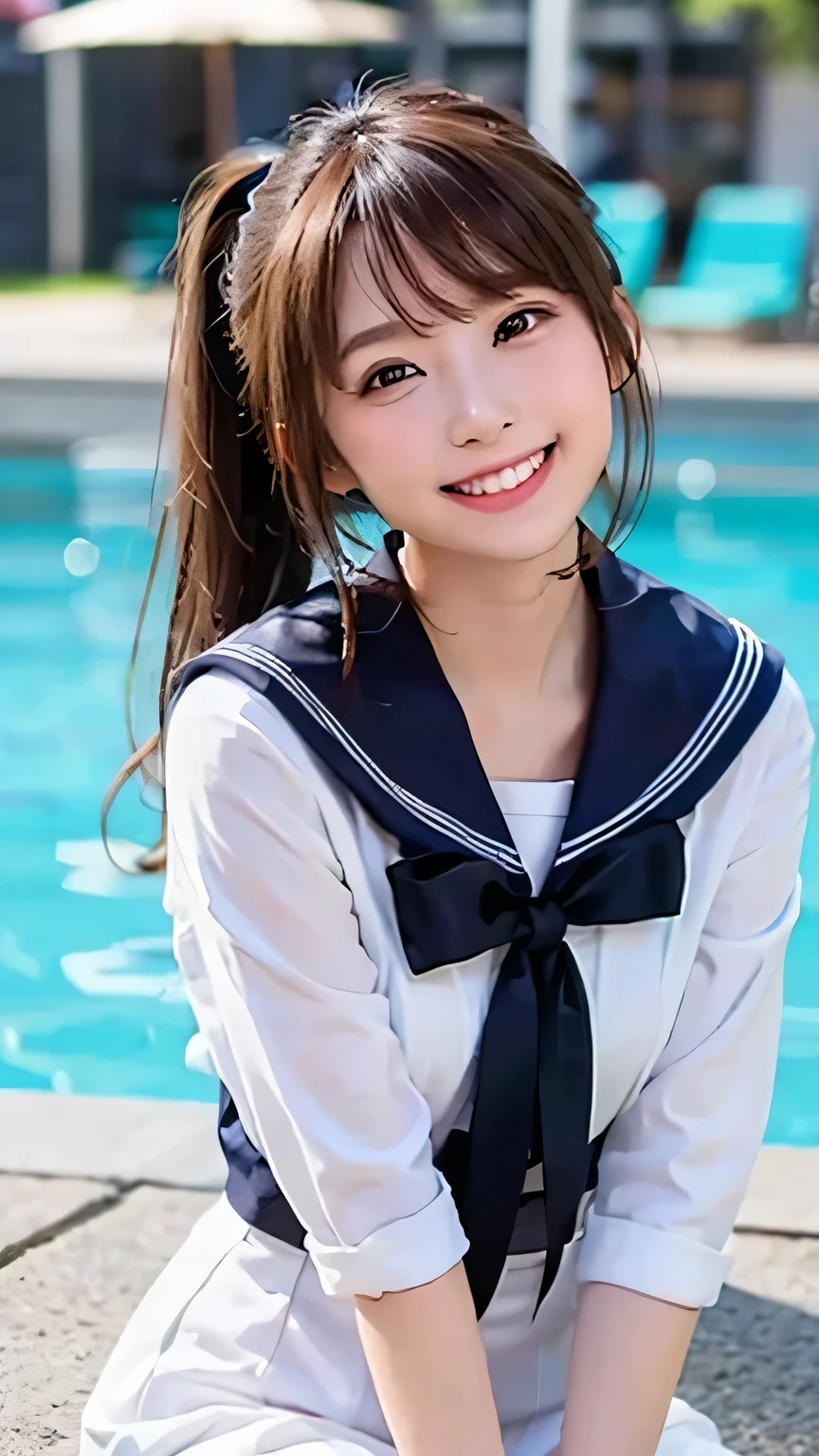  (Highest quality, DSLR, 8k, Top quality, High resolution, Top quality, Top resolution, Very beautiful woman, Perfect ???????), Light brown eyes, Very light brown eyes, Small diamond-shaped earrings, Looking directly at the camera, Beautiful brown hair, ((Baby face, loose and cute medium ponytail)), Very short and beautiful bangs with brown hair, E-cup bust, Not showing décolletage, Very beautiful 20-year-old, Lip gloss, Smiling very happily, Very cute smile, Upper teeth, Beautiful teeth, (Random summer sea or pool horizon (background only), Slightly larger eyes, Small face, Tall supermodel, Beautifully toned model, Random cute poses, Dynamic angle, Eye focus, Head tilt, Very detailed and realistic, Very beautiful 20-year-old, ((Medium Shot)), Sharp jawline, ((White-based sailor suit, Navy or black ribbon)), Deep waistline, Sexy legs, Side view, Smiling very happily, Laughing, Summer noon