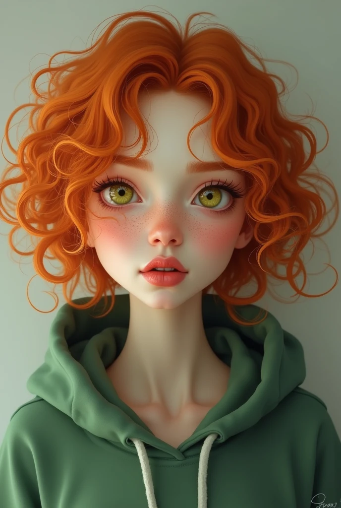 A beautiful woman with curly orange hair, yellow eyes, freckles on her skin, wearing a green hoodie