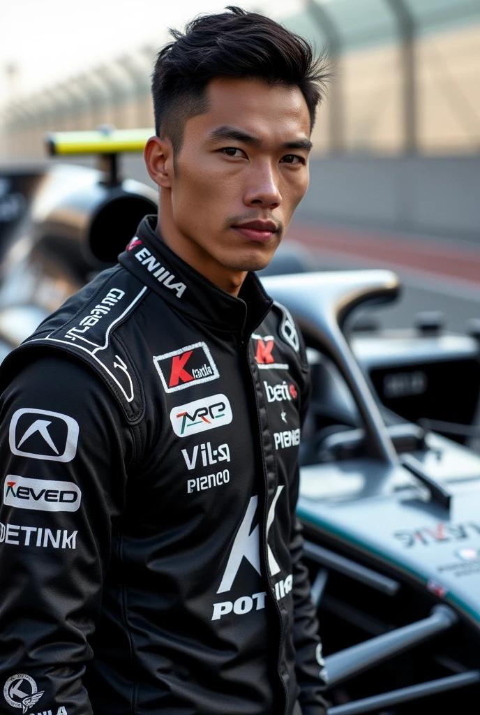  Handsome Filipino f1 driver wearing black and white tracksuit with chrome as sponsor with a large “K” on the suit (no helmet) with f1 car on the background