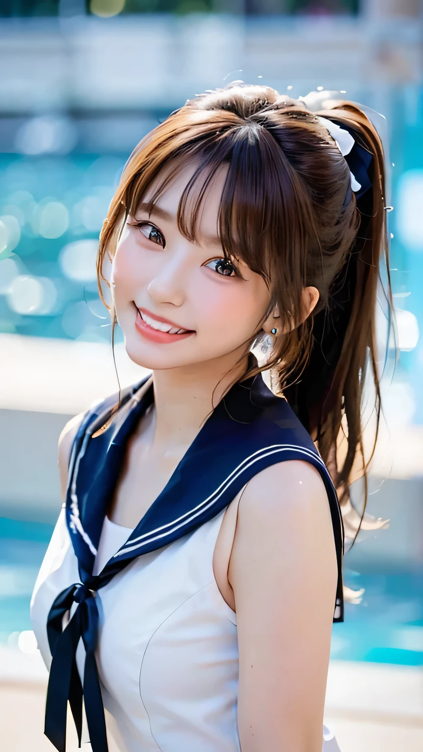  (Highest quality, DSLR, 8k, Top quality, High resolution, Top quality, Top resolution, Very beautiful woman, Perfect anatomy), Light brown eyes, Very light brown eyes, Small diamond-shaped earrings, Looking directly at the camera, Beautiful brown hair, ((Baby face, loose and cute medium ponytail)), Very short and beautiful bangs with brown hair, E-cup bust, Not showing décolletage, Very beautiful 20-year-old, Lip gloss, Smiling very happily, Very cute smile, Upper teeth, Beautiful teeth, (Random summer sea or pool horizon (background only), Slightly larger eyes, Small face, Tall supermodel, Beautifully toned model, Random cute poses, Dynamic angle, Eye focus, Head tilt, Very detailed and realistic, Very beautiful 20-year-old, ((Medium Shot)), Sharp jawline, ((White-based sailor suit, Navy or black ribbon)), Deep waistline, Sexy legs, Side view, Smiling very happily, Laughing, Summer noon
