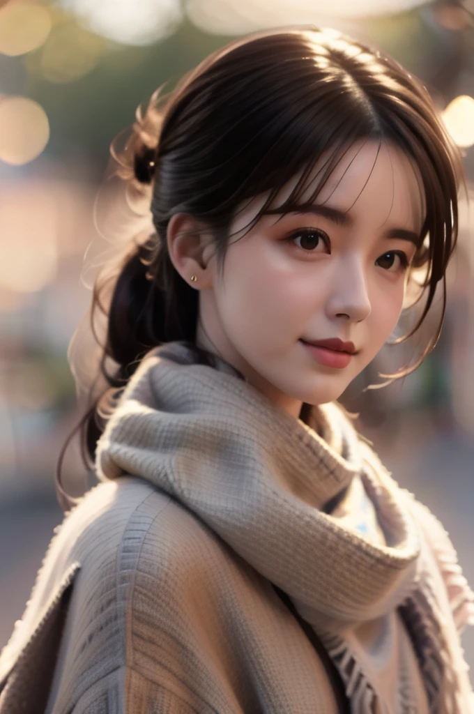 1woman, mature ,((solo)), close up, slender,((sweater and scarf)), ((soft smiling)), (best quality,8k,highres,masterpiece:1.3), (crystal clear white skin),ultra-detailed, (realistic,photorealistic,photo-realistic:1.37), portrait, cinematic, warm lighting, medium format, golden hour, dramatic shadows, vibrant colors,((hair up)),(( waving long hair by Wind)),

