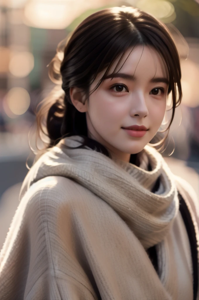 1woman, mature ,((solo)), close up, slender,((sweater and scarf)), ((soft smiling)), (best quality,8k,highres,masterpiece:1.3), (crystal clear white skin),ultra-detailed, (realistic,photorealistic,photo-realistic:1.37), portrait, cinematic, warm lighting, medium format, golden hour, dramatic shadows, vibrant colors,((hair up)),(( waving long hair by Wind)),

