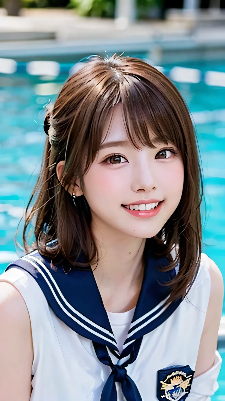  (Highest quality, DSLR, 8k, Top quality, High resolution, Top quality, Top resolution, Very beautiful woman, Perfect anatomy), Light brown eyes, Very light brown eyes, Small diamond-shaped earrings, Looking directly at the camera, Beautiful brown hair, ((Baby face, loose and cute medium ponytail)), Very short and beautiful bangs with brown hair, E-cup bust, Not showing décolletage, Very beautiful 20-year-old, Lip gloss, Smiling very happily, Very cute smile, Upper teeth, Beautiful teeth, (Random summer sea or pool horizon (background only), Slightly larger eyes, Small face, Tall supermodel, Beautifully toned model, Random cute poses, Dynamic angle, Eye focus, Head tilt, Very detailed and realistic, Very beautiful 20-year-old, ((Medium Shot)), Sharp jawline, ((White-based sailor suit, Navy or black ribbon)), Deep waistline, Sexy legs, Side view, Smiling very happily, Laughing, Summer noon