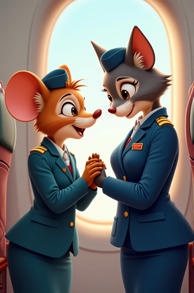 Adorable stewardess mouse holding hands with a female stewardess cat in a blue suit