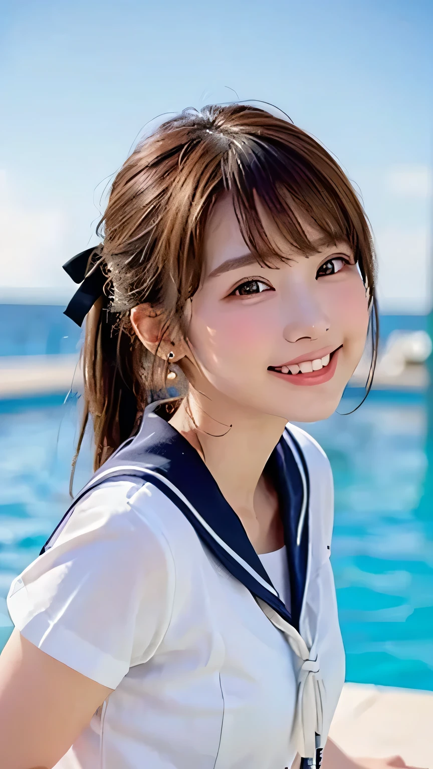 (Highest quality, DSLR, 8k, Top quality, High resolution, Top quality, Top resolution, Very beautiful woman, Perfect anatomy), Light brown eyes, Very light brown eyes, Small diamond-shaped earrings, Looking directly at the camera, Beautiful brown hair, ((Baby face, loose and cute medium ponytail)), Very short and beautiful bangs with brown hair, E-cup bust, Not showing décolletage, Very beautiful 20-year-old, Lip gloss, Smiling very happily, Very cute smile, Upper teeth, Beautiful teeth, (Random summer sea or pool horizon (background only), Slightly larger eyes, Small face, Tall supermodel, Beautifully toned model, Random cute poses, Dynamic angle, Eye focus, Head tilt, Very detailed and realistic, Very beautiful 20-year-old, ((Medium Shot)), Sharp jawline, ((White-based sailor suit, Navy or black ribbon)), Deep waistline, Sexy legs, Side view, Smiling very happily, Laughing, Summer noon