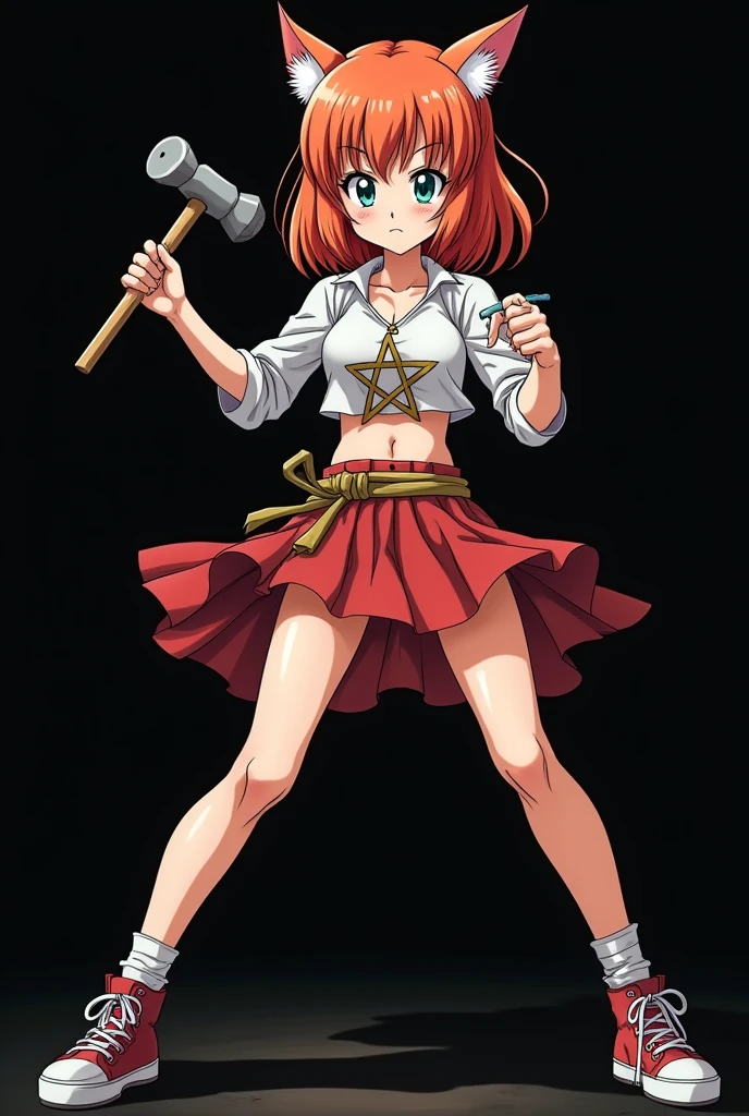 A full body image of an 1 girl named Hana Watanabe, personagem do anime "dragonball z", she is very beautiful, with medium length straight fire-colored hair with two white highlights in the front, framing your face. She has blue-green eyes and pale skin.. she is a Wiccan, she is in fighting pose. she wears a pentagram necklace, croped, glued skirt, beautiful women's high-top shoes and ¾-long socks, she holds a nail hammer and small nails. It is drawn with Akira Toryama's animation. black backdrop.