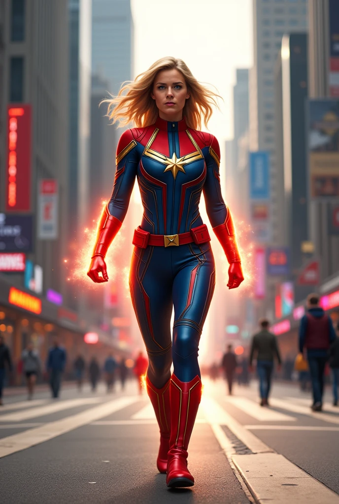 Image of Captain Marvel Carol Danvers walking downtown and showing off her speed powers