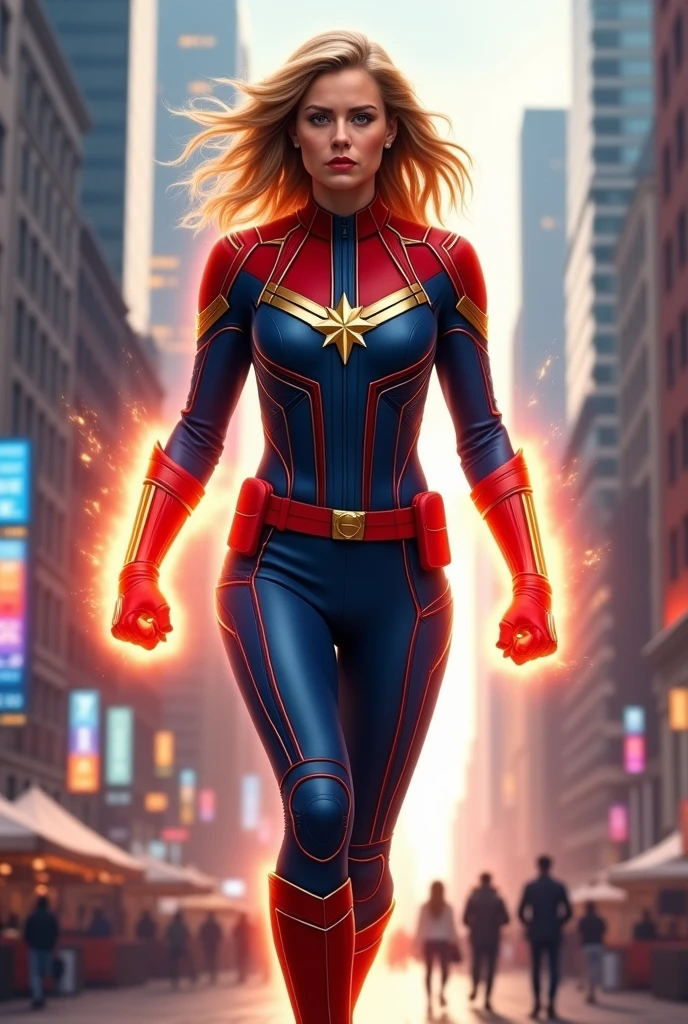 Image of Captain Marvel Carol Danvers walking downtown and showing off her speed powers