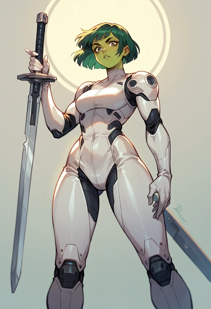 1girl, green skin, dark green hair, seamless bob cut, white cybernetic space suit, cybernetic pants, black accents, white gloves, white boots, cybernetic sword, comics