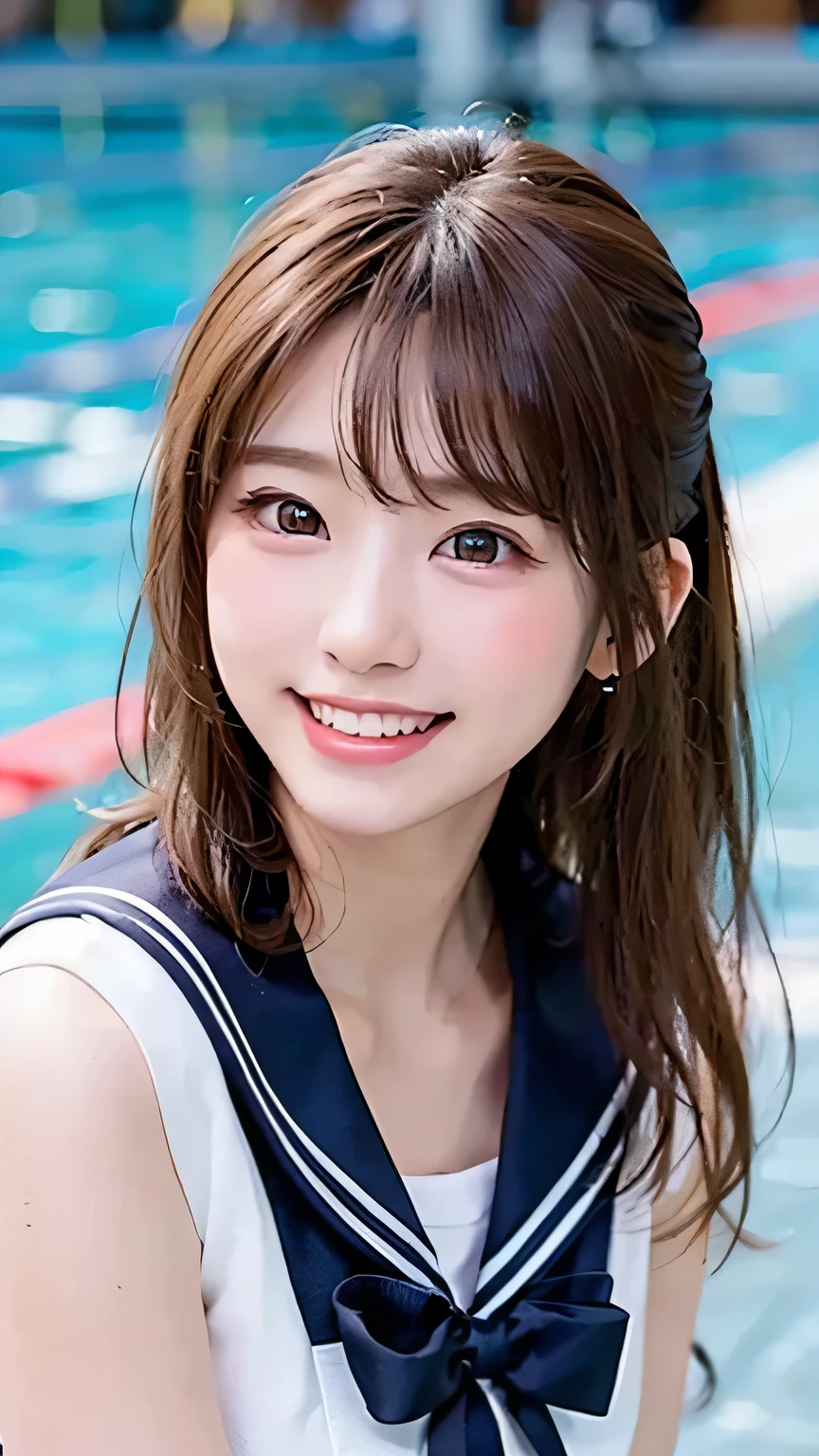  (Highest quality, DSLR, 8k, Top quality, High resolution, Top quality, Top resolution, Very beautiful woman, Perfect anatomy), Light brown eyes, Very light brown eyes, Small diamond-shaped earrings, Looking directly at the camera, Beautiful brown hair, ((Baby face, loose and cute medium ponytail)), Very short and beautiful bangs with brown hair, E-cup bust, Not showing décolletage, Very beautiful 20-year-old, Lip gloss, Smiling very happily, Very cute smile, Upper teeth, Beautiful teeth, (Random summer sea or pool horizon (background only), Slightly larger eyes, Small face, Tall supermodel, Beautifully toned model, Random cute poses, Dynamic angle, Eye focus, Head tilt, Very detailed and realistic, Very beautiful 20-year-old, ((Medium Shot)), Sharp jawline, ((White-based sailor suit, Navy or black ribbon)), Deep waistline, Sexy legs, Side view, Smiling very happily, Laughing, Summer noon