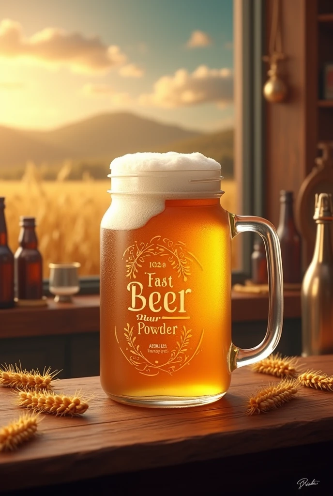 Beer in a Jar , with a bar and wheat background, with the slogan fast beer, beer powder