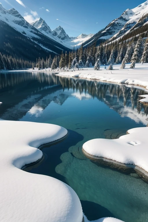 Crystal clear lake between snowy mountains and blue sky .
