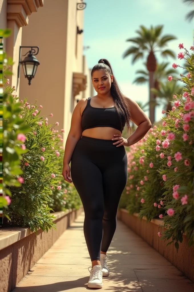 vintage photography of a curvy woman as an ((engineer)) with ((ponytail)) wearing (preppy clothes),dressed in black sports bra,black leggings,white sneakers,textured fabric,palm trees,sunny skies,floral bushes,standing straight,left hand on hip,right hand holding bag,center focus,eye-level shot,shallow depth of field,within the walls of a dreamer's fortress,decorative lighting,(macro view:1.4),shot on Sony A7R IV with Sony FE 85mm f-1.4 GM,photo by Vanley Burke 