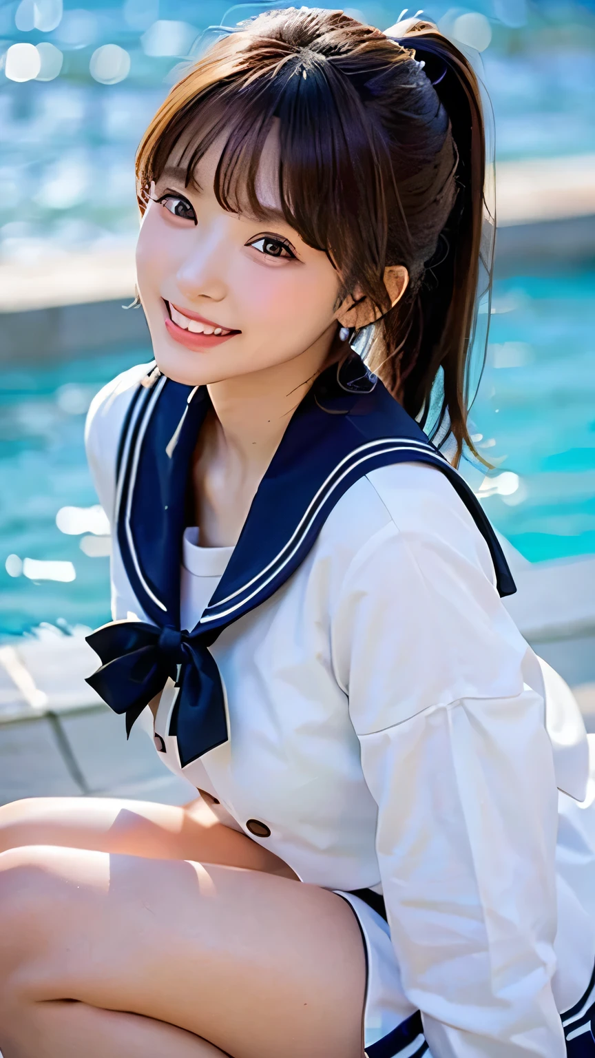 (Highest quality, DSLR, 8k, Top quality, High resolution, Top quality, Top resolution, Very beautiful woman, Perfect anatomy), Light brown eyes, Very light brown eyes, Small diamond-shaped earrings, Looking directly at the camera, Beautiful brown hair, ((Baby face, loose and cute medium ponytail)), Very short and beautiful bangs with brown hair, E-cup bust, Not showing décolletage, Very beautiful 20-year-old, Lip gloss, Smiling very happily, Very cute smile, Upper teeth, Beautiful teeth, (Random summer sea or pool horizon (background only), Slightly larger eyes, Small face, Tall supermodel, Beautifully toned model, Random cute poses, Dynamic angle, Eye focus, Head tilt, Very detailed and realistic, Very beautiful 20-year-old, ((Medium Shot)), Sharp jawline, ((White-based sailor suit, Navy or black ribbon)), Deep waistline, Sexy legs, Side view, Smiling very happily, Laughing, Summer noon