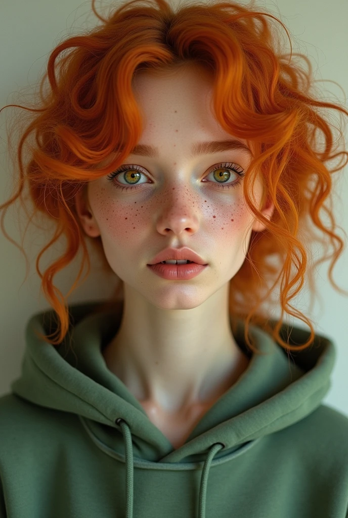 A beautiful woman with curly orange hair, yellow eyes, freckles on her skin, wearing a green hoodie  
