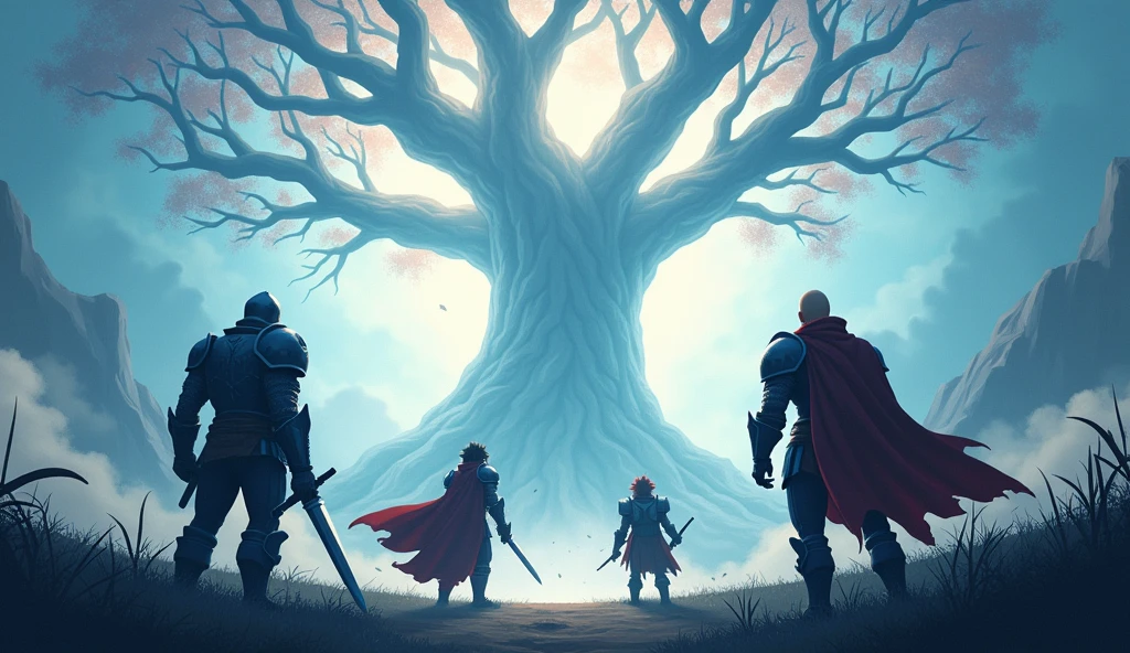 "action movie shot, ((four heroes from the back)), knight, mage, healer, assassin, cartoonish style, no face details, colossal white tree towering in the background, glowing tree dominating the scene, immense size emphasized, dynamic action-packed poses, intense atmosphere, vivid colors, dramatic lighting, [heroic silhouettes], [epic tree backdrop], [adventurous setting], [strong composition]"