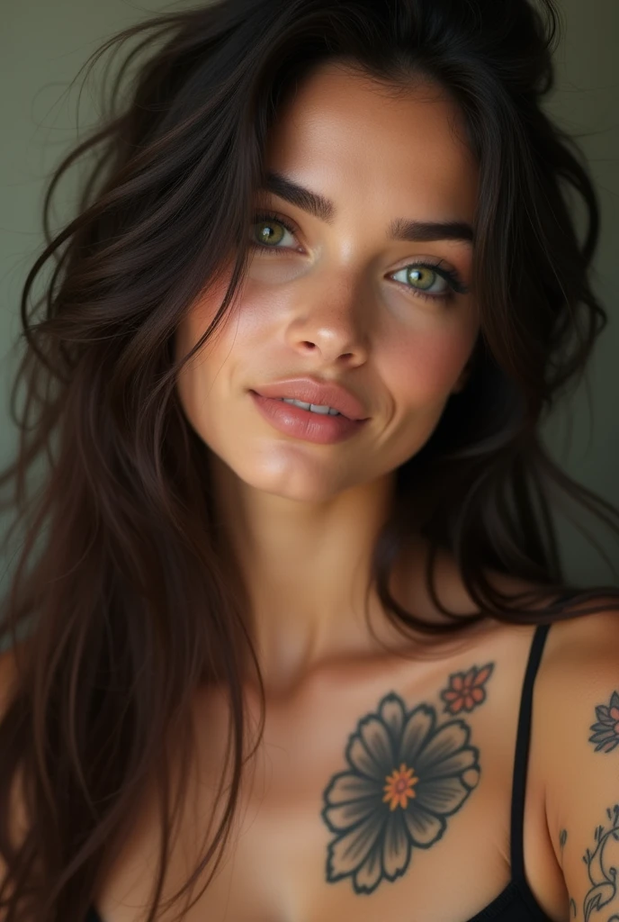 cute beautiful brunette, hispanic, fukk body, her entire body is visible perfect angle, very detailed, 2, flirty face, messy long hair, green eyes, high-res, masterpiece, best quality, intricate details, highly detailed, sharp focus, detailed skin, realistic skin texture, detailed eyes, professional, 4K, smile, shot on Canon, tatoo