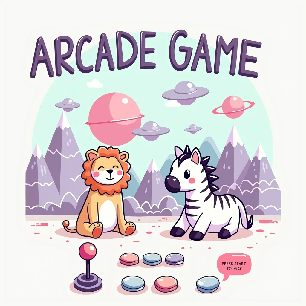 create more modern and detailed art of. The image is a stylized graphic with a pastel color palette., predominantly in shades of pink, purple and blue. no topo central, There's the text "Arcade Game" in a fun font with a slight shadow effect. Below this text, ((there are two cartoon style squishmallow animals: to the left, a lion with orange and white fur and closed eyes that suggest contentment; On the right, a white zebra with big round eyes. Both animals are sitting.)), No fundo, there are graphics that resemble mountains in various shades of purple with white outlines that give them a geometric appearance "metaverse style". Above these mountains, float three small spaceships and one larger ship. There is also a large pink planet-like object with rings around it.. Na parte inferior da imagem, there is an arcade game control panel with a joystick on the left side, which has a pink top and a light blue base. To the right of the joystick, there are four buttons: three smaller ones aligned horizontally in light pink colors, dark pink and blue, respectively; Beneath them, there is a larger button in dark pink. No canto inferior direito da imagem, there is additional text saying "PRESS START TO PLAY" inside a speech bubble shaped button design.

