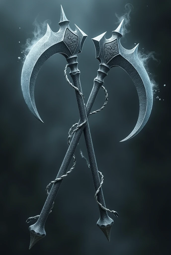 Each scythe has a crescent-shaped blade that is 35 cm long., made of a dark, polished metal, with a sharp edge and scaly texture. The short, ergonomic handle is made of lightweight metal, with a spiral texture for grip. The scythes are connected by ethereal chains of silver mist, that are fluid and almost invisible, but robust enough to withstand the dynamic and rapid movements of the weapons.