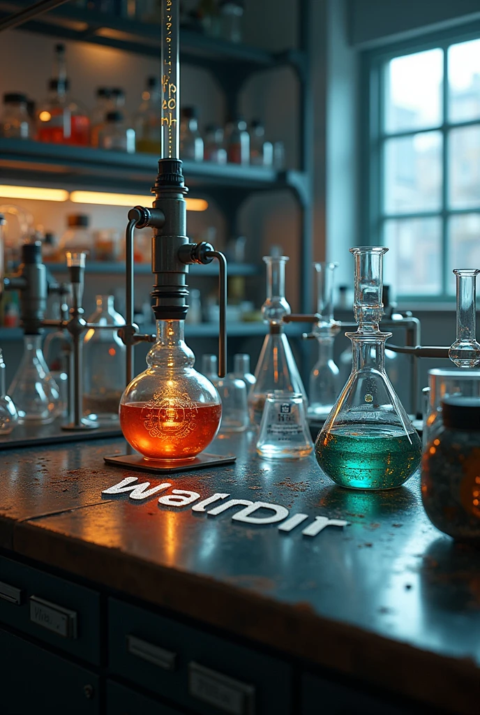 Realistic experimental chemistry bench with fractional distillation and the name Waldir written on it