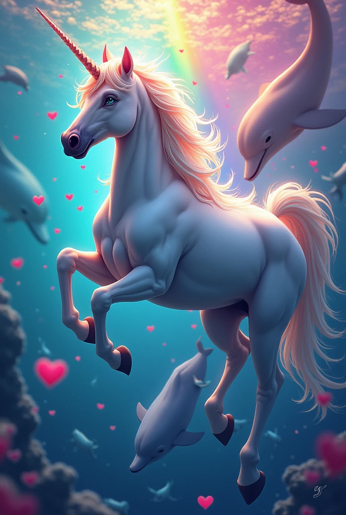 Big and strong unicorn and big and strong dolphin swimming rainbow and heart and star