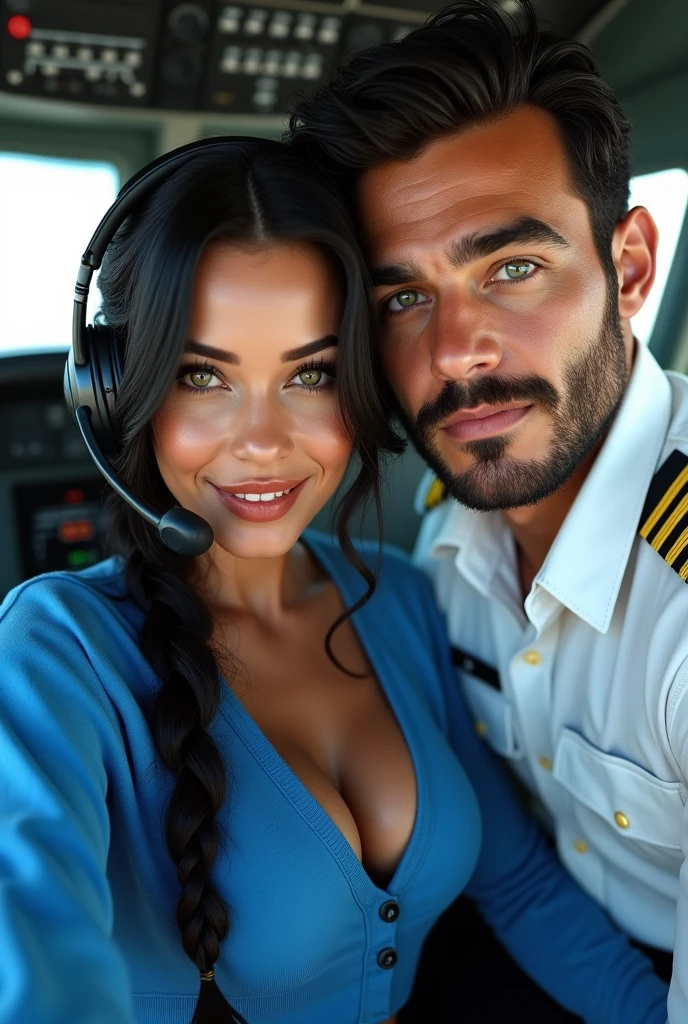 (photorealism: 1.2), hot brazilian sexy girl in sexy dynamic pose. raw portrait photography, hyper realistic and detailed face, complex and realistic skin texture, hot body, athletic body, smiling, long black hair with braid, dressed with long blue sweatshirt and headset with microphone with with the pilot, handsome tanned guy, Brazilian, beard and beautiful smile, green eyes, black hair, white pilot shirt in the cockpit airbus