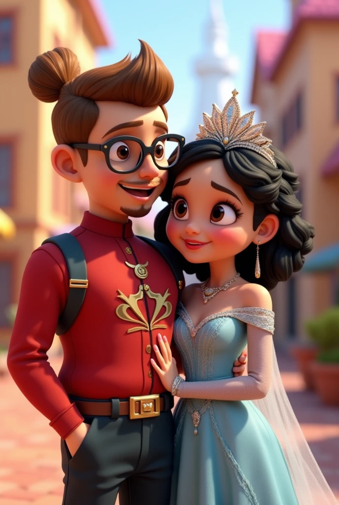 pixar 3d effect, couple in love, he young, plumpness, Eye Brown, Light brown bun hair, short and modern hair, tazmania's clothes, light hair, goatee, wearing glasses, she has black curly hair, black curly hair, curly hair, eyes browns, ice queen dress, Diamond Crown