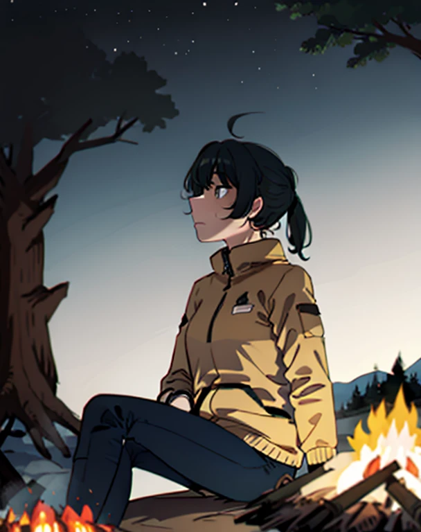 1girl, sitting at a campfire, facing away