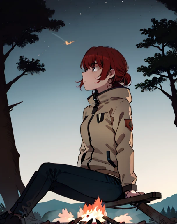 1girl, sitting at a campfire, facing away