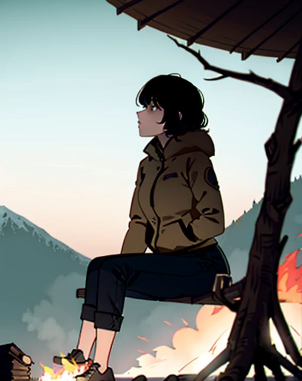 1girl, sitting at a campfire, facing away